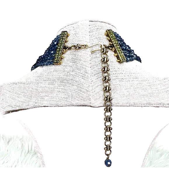 Heidi Daus Multi Strand Blue Beaded Collar Necklace Swarovski Crystal Pendant - Picture 5 of 5